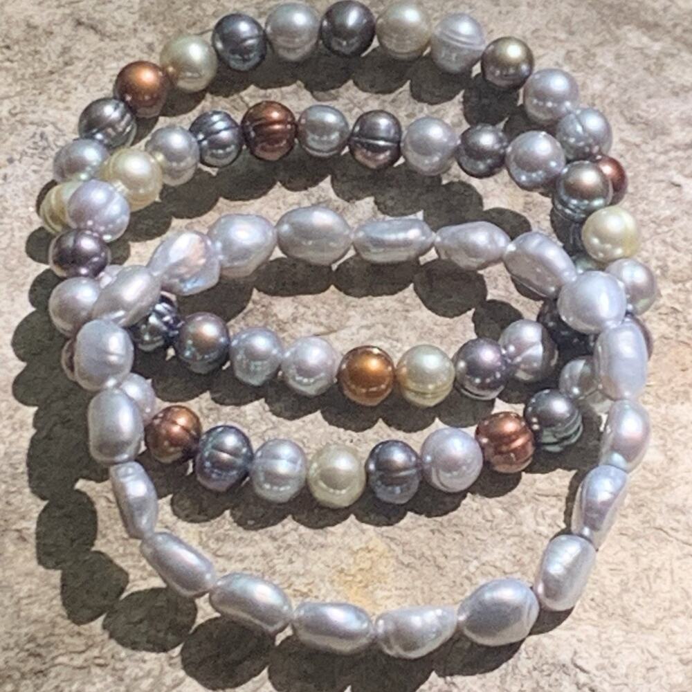 Honora Bracelets Set of Three Multicolor Cultured Pearls Stretch Warm Tones